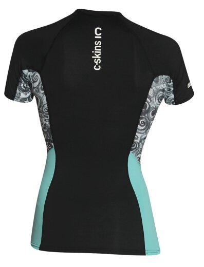 C-Skins UV Skins Solace Women SS Crew Neck Vest Lycra Kurzarm Black/Mono Shells/Ice Blue XS/UK6
