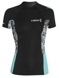 C-Skins UV Skins Solace Women SS Crew Neck Vest Lycra Kurzarm Black/Mono Shells/Ice Blue XS/UK6