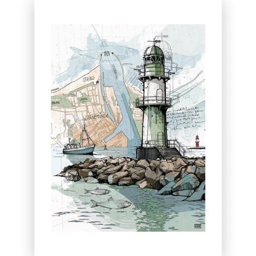 Postkarte Illustration Christoph Kadur Molenfeuer Warnemünde