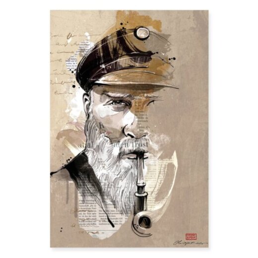 Postkarte Illustration Christoph Kadur Alter Kapitän auf Karton